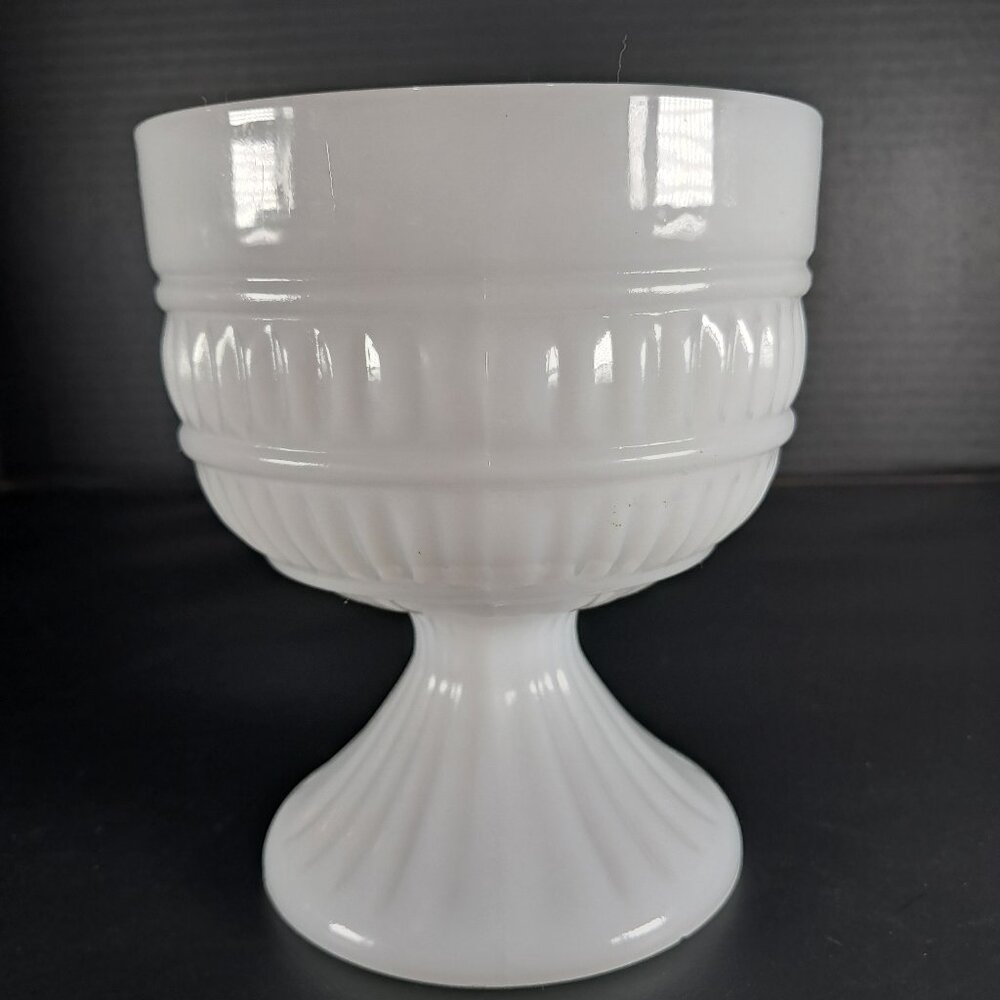Vintage MCM Milk Glass Bowl With Pedestal Ribbed Base Farmhouse, Cottage Core